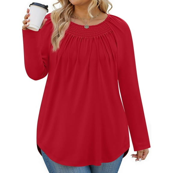 WellSize Plus Size Women Blouses Casual Pleated Long Sleeve Shirts Fall Crew Neck Tunic Tops