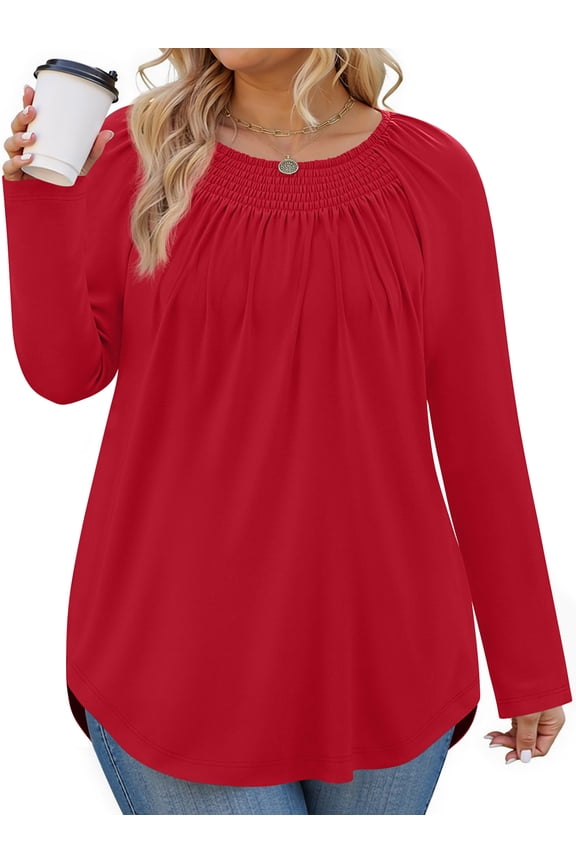 Plus Size Women Blouses Casual Pleated Long Sleeve Shirts Fall Crew Neck Tunic Tops