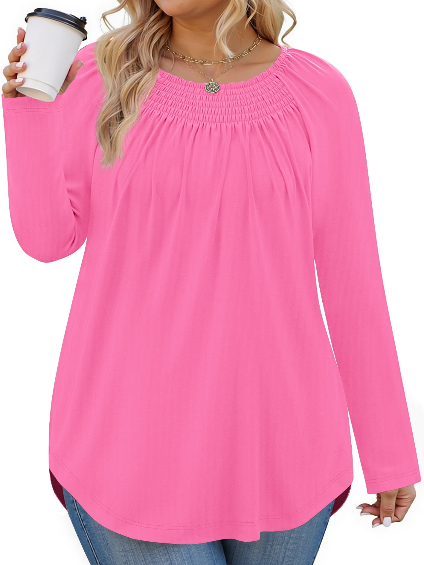 WellSize Plus Size Women Blouses Casual Pleated Long Sleeve Shirts Fall ...
