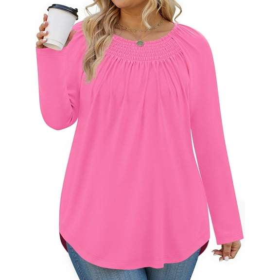 WellSize Plus Size Women Blouses Casual Pleated Long Sleeve Shirts Fall Crew Neck Tunic Tops