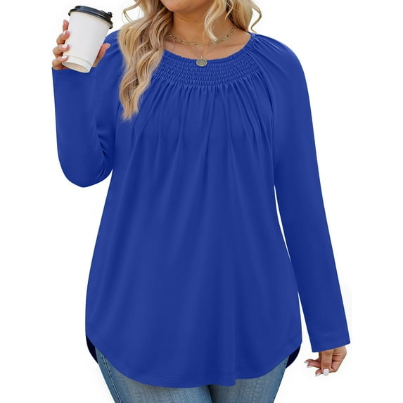 WellSize Plus Size Women Blouses Casual Pleated Long Sleeve Shirts Fall Crew Neck Tunic Tops