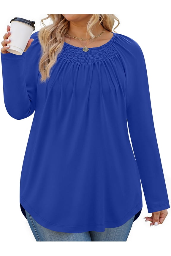 Plus Size Women Blouses Casual Pleated Long Sleeve Shirts Fall Crew Neck Tunic Tops