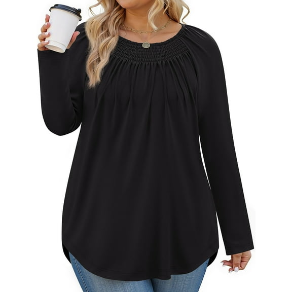 WellSize Plus Size Women Blouses Casual Pleated Long Sleeve Shirts Fall Crew Neck Tunic Tops