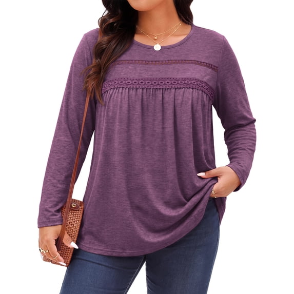 WellSize Plus Size Women Blouses Lace Long Sleeve Boho Tops Crew Neck Fall Shirts Trendy Tunic Blouses