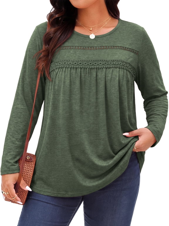 Plus Size Women Blouses Lace Long Sleeve Boho Tops Crew Neck Fall Shirts Trendy Tunic Blouses