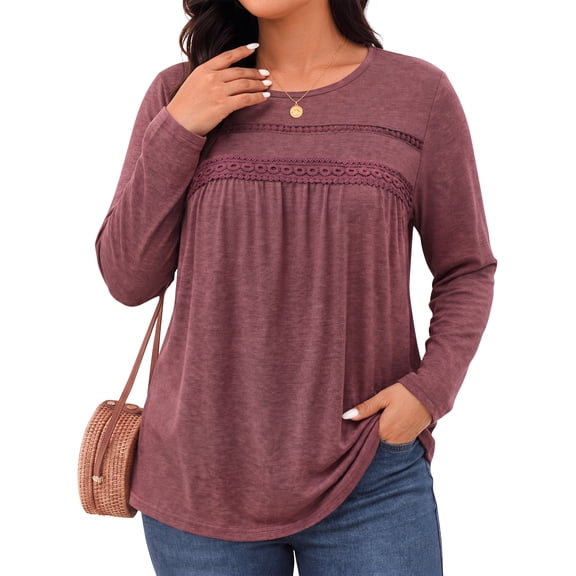 WellSize Plus Size Women Blouses Lace Long Sleeve Boho Tops Crew Neck Fall Shirts Trendy Tunic Blouses