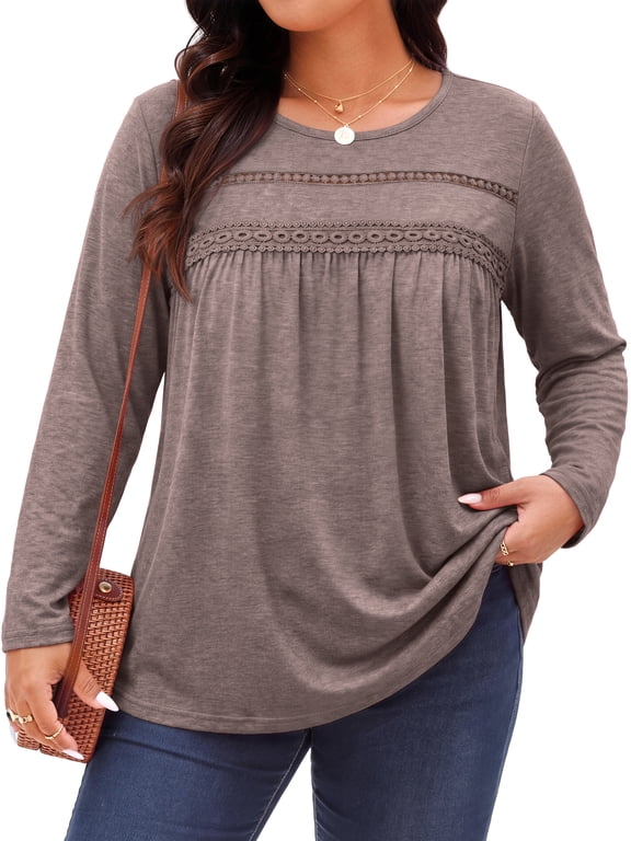 Plus Size Women Blouses Lace Long Sleeve Boho Tops Crew Neck Fall Shirts Trendy Tunic Blouses
