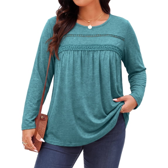 WellSize Plus Size Women Blouses Lace Long Sleeve Boho Tops Crew Neck Fall Shirts Trendy Tunic Blouses