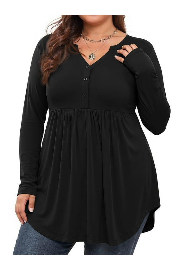 Plus Size Blouses for Women V Neck Curved Hems Tunic Tops Casual Long Sleeve Botton Fall Shirts