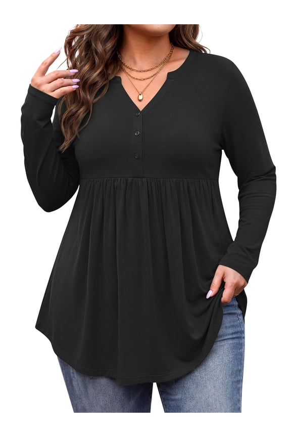 Plus Size Blouses for Women V Neck Curved Hems Tunic Tops Casual Long Sleeve Botton Fall Shirts