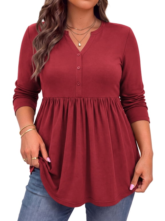 Plus Size Blouses for Women V Neck Curved Hems Tunic Tops Casual Long Sleeve Botton Fall Shirts