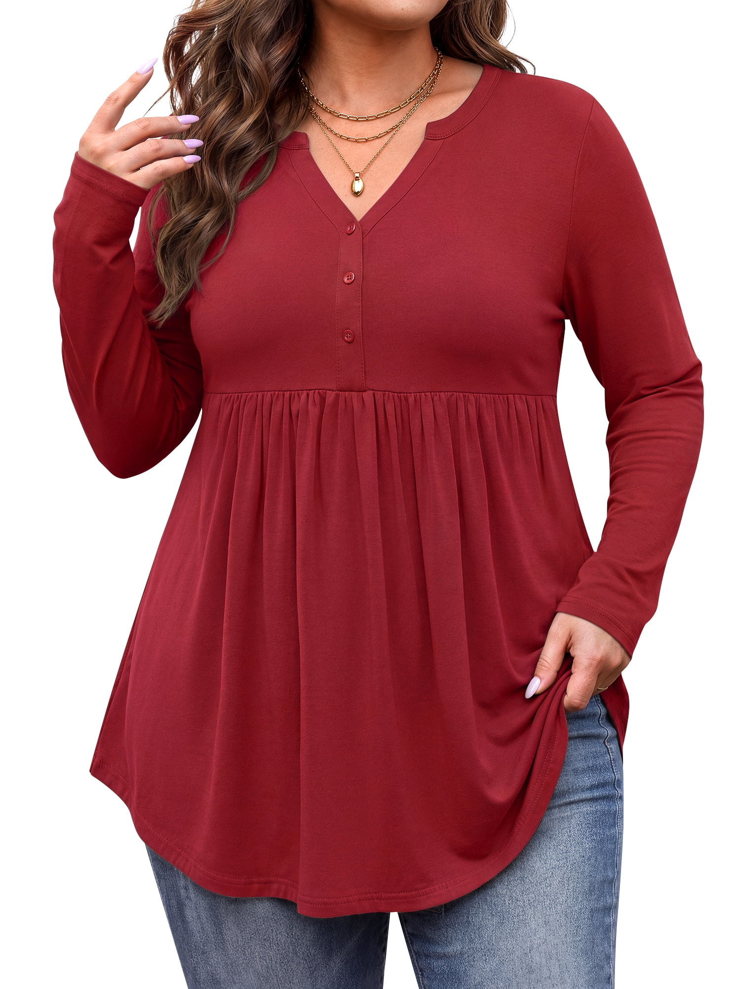 WellSize Plus Size Blouses for Women V Neck Curved Hems Tunic Tops ...