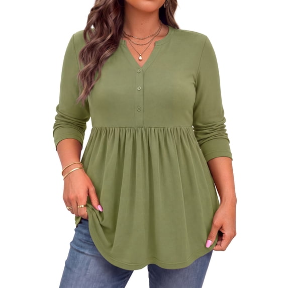 WellSize Plus Size Blouses for Women V Neck Curved Hems Tunic Tops Casual Long Sleeve Botton Fall Shirts