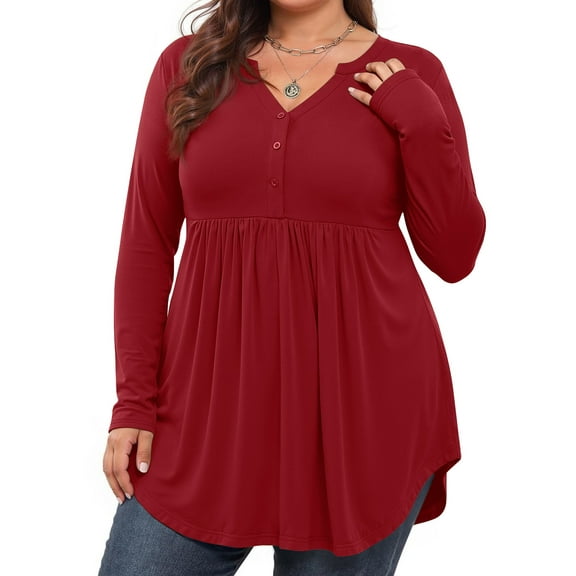 WellSize Plus Size Blouses for Women V Neck Curved Hems Tunic Tops Casual Long Sleeve Botton Fall Shirts