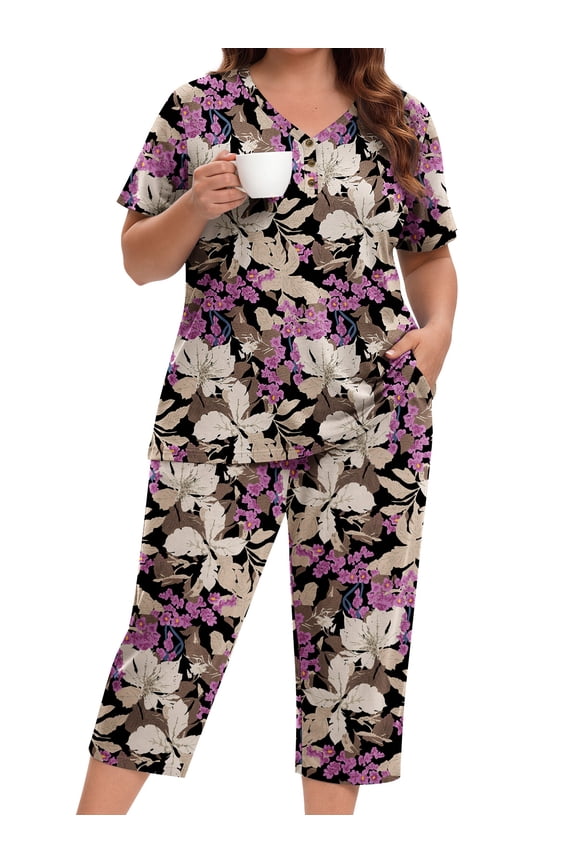 Plus Size Women Pajamas Set V Neck Short Sleeve Tops and Capris with Pockers Two Piece Lounge Sets Summer Oufits sleepwear