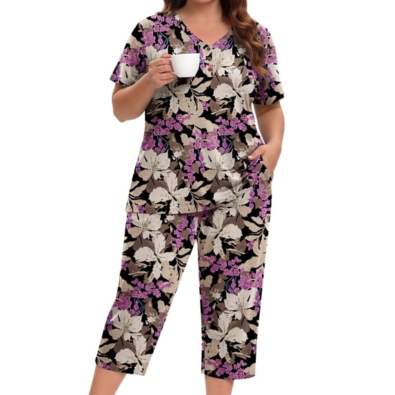 WellSize Plus Size Women Pajamas Set V Neck Short Sleeve Tops and Capris with Pockers Two Piece Lounge Sets Summer Oufits sleepwear