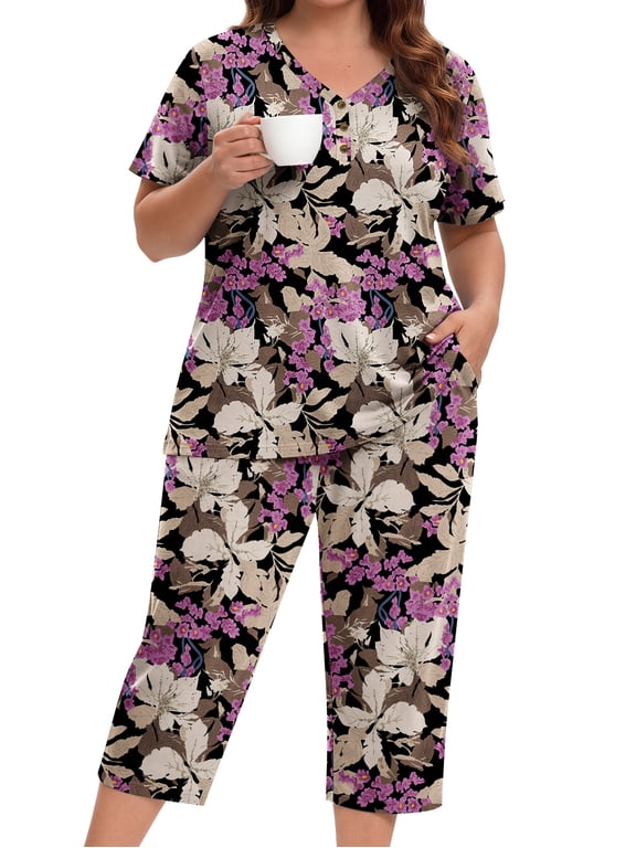 Plus Size Women Pajamas Set V Neck Short Sleeve Tops and Capris with Pockers Two Piece Lounge Sets Summer Oufits sleepwear