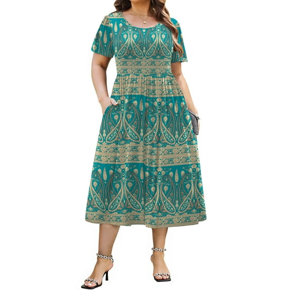WellSize Plus Size Women Summer Dresses Casual Crew Neck Short Sleeve Sundresses Floral Midi Dress with Pockets