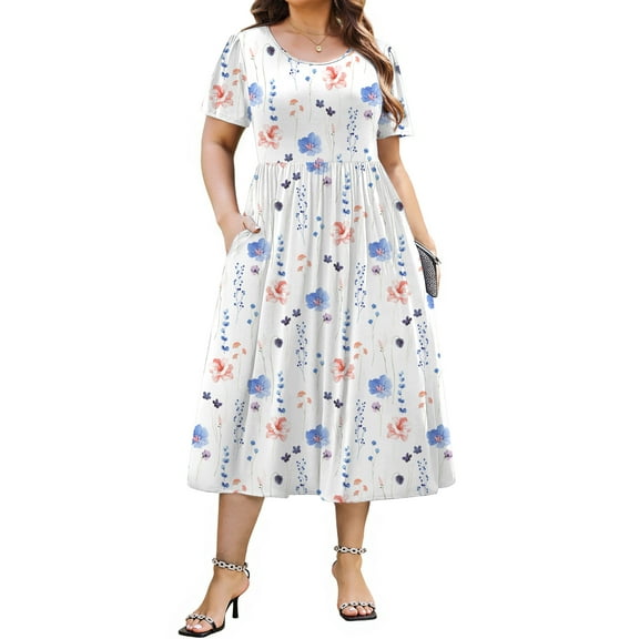 WellSize Plus Size Women Summer Dresses Casual Crew Neck Short Sleeve Sundresses Floral Midi Dress with Pockets