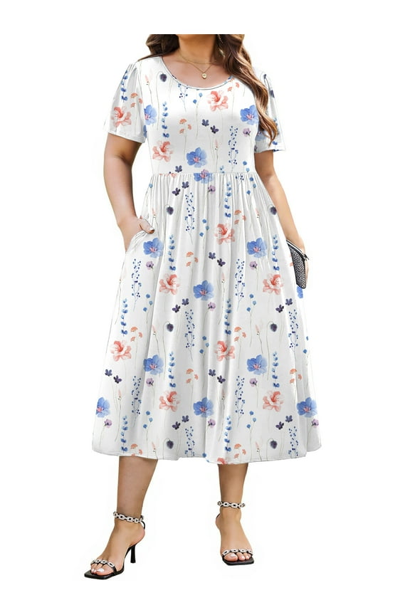 Plus Size Women Summer Dresses Casual Crew Neck Short Sleeve Sundresses Floral Midi Dress with Pockets