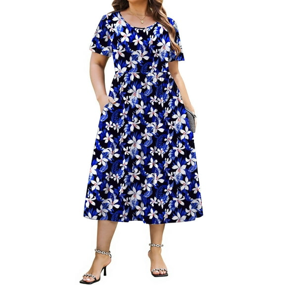 WellSize Plus Size Women Summer Dresses Casual Crew Neck Short Sleeve Sundresses Floral Midi Dress with Pockets