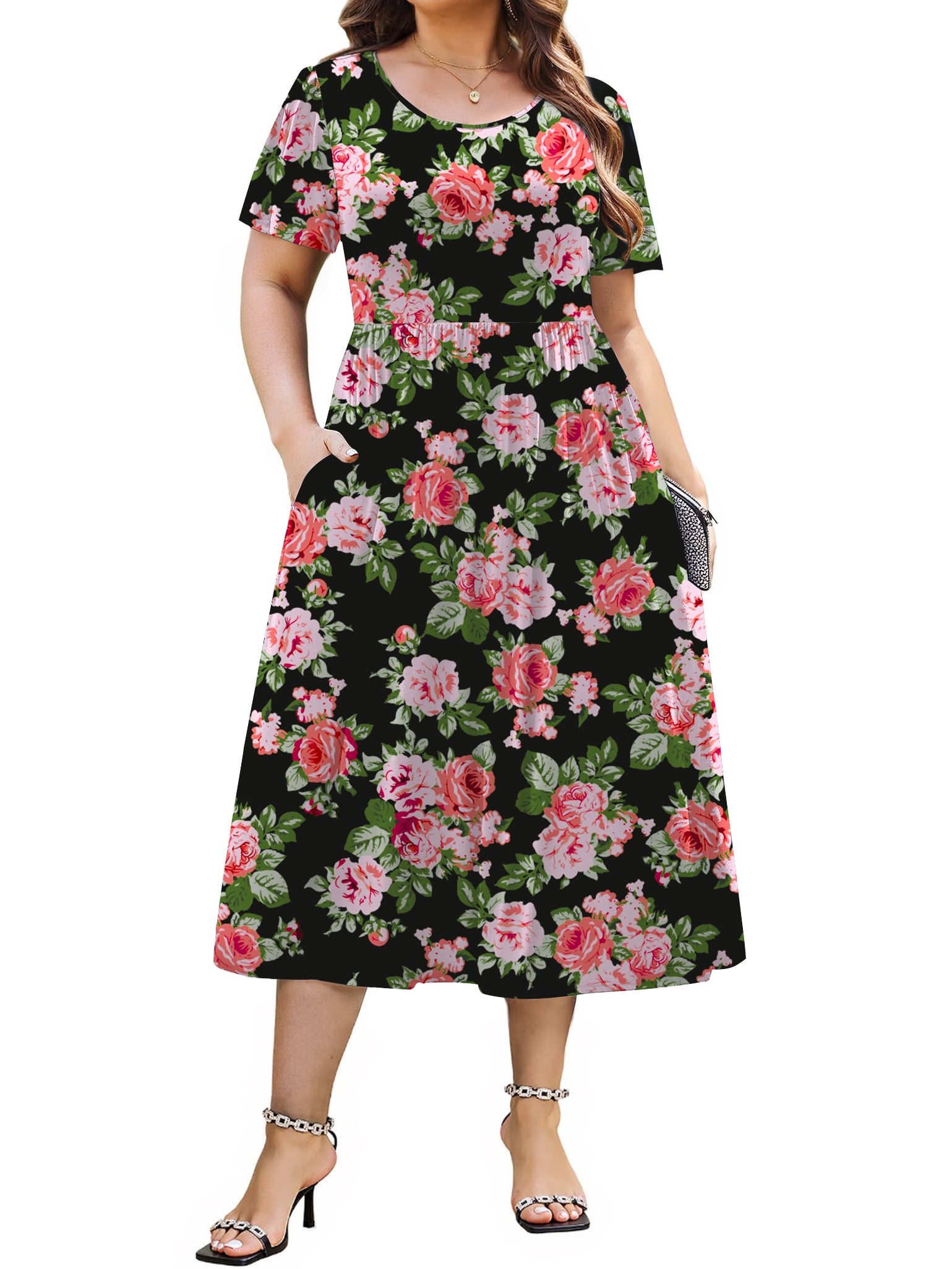 WellSize Plus Size Summer Dresses, Casual Crew Neck Short Sleeve Floral — free download