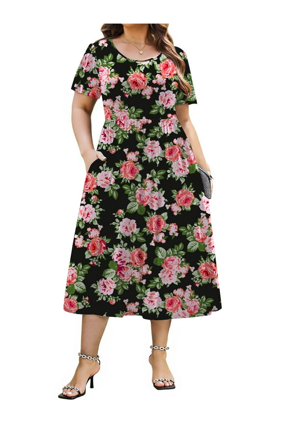 Plus Size Women Summer Dresses Casual Crew Neck Short Sleeve Sundresses Floral Midi Dress with Pockets