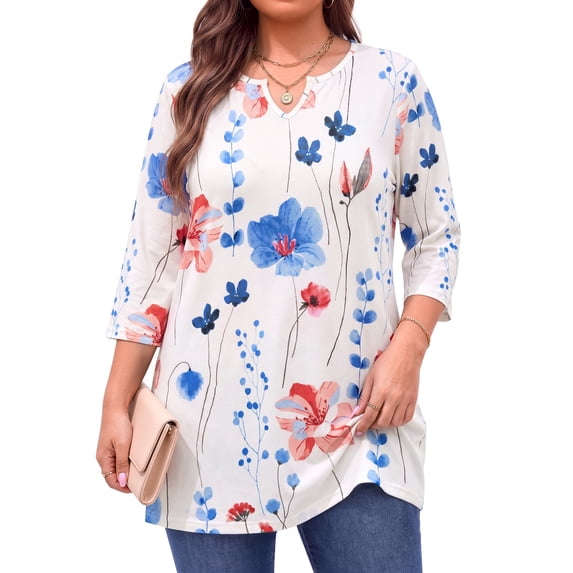 WellSize Plus Size Womens Tunic Tops 3/4 Sleeve Dressy Fall Blouses Casual V Neck Floral Shirts Tunics for Leggings
