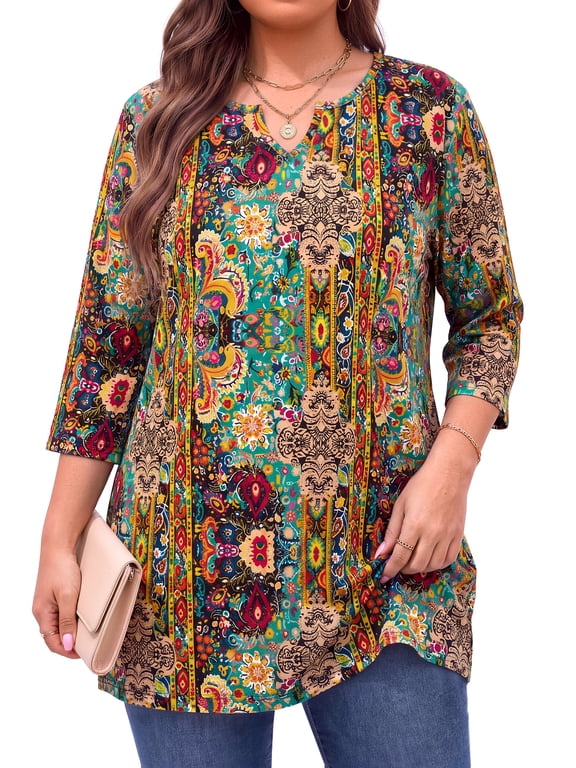 Plus Size Womens Tunic Tops 3/4 Sleeve Casual Fall Blouses V Neck Floral Shirts Tunics to Wear with Leggings