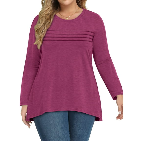WellSize Plus Size Women Tunic Tops Casual Crew Neck Long Sleeve Blouses Dressy Pleated Fall Shirts