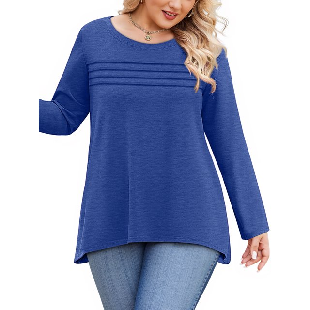 WellSize Plus Size Women Tunic Tops Casual Crew Neck Long Sleeve Blouses Dressy Pleated Fall Shirts