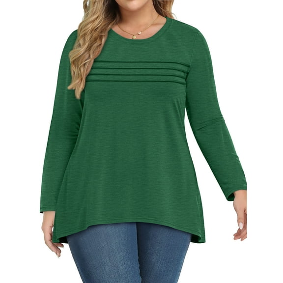 WellSize Plus Size Women Tunic Tops Casual Crew Neck Long Sleeve Blouses Dressy Pleated Fall Shirts