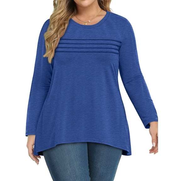 WellSize Plus Size Women Tunic Tops Casual Crew Neck Long Sleeve Blouses Dressy Pleated Fall Shirts