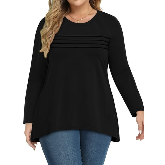 WellSize Plus Size Women Tunic Tops Casual Crew Neck Long Sleeve Blouses Dressy Pleated Fall Shirts