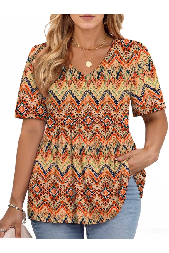 Plus Size Women Tunic Tops Casual V Neck Blouses Summer Short Sleeve Shirts Loose Floral Tops