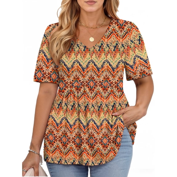 WellSize Plus Size Women Tunic Tops Casual V Neck Blouses Summer Short Sleeve Shirts Loose Floral Tops