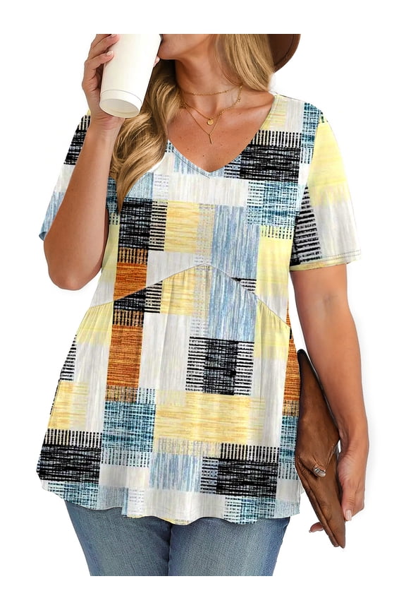 Plus Size Women Tops Casual V Neck Blouses Summer Short Sleeve Shirts Floral Tunic Tops