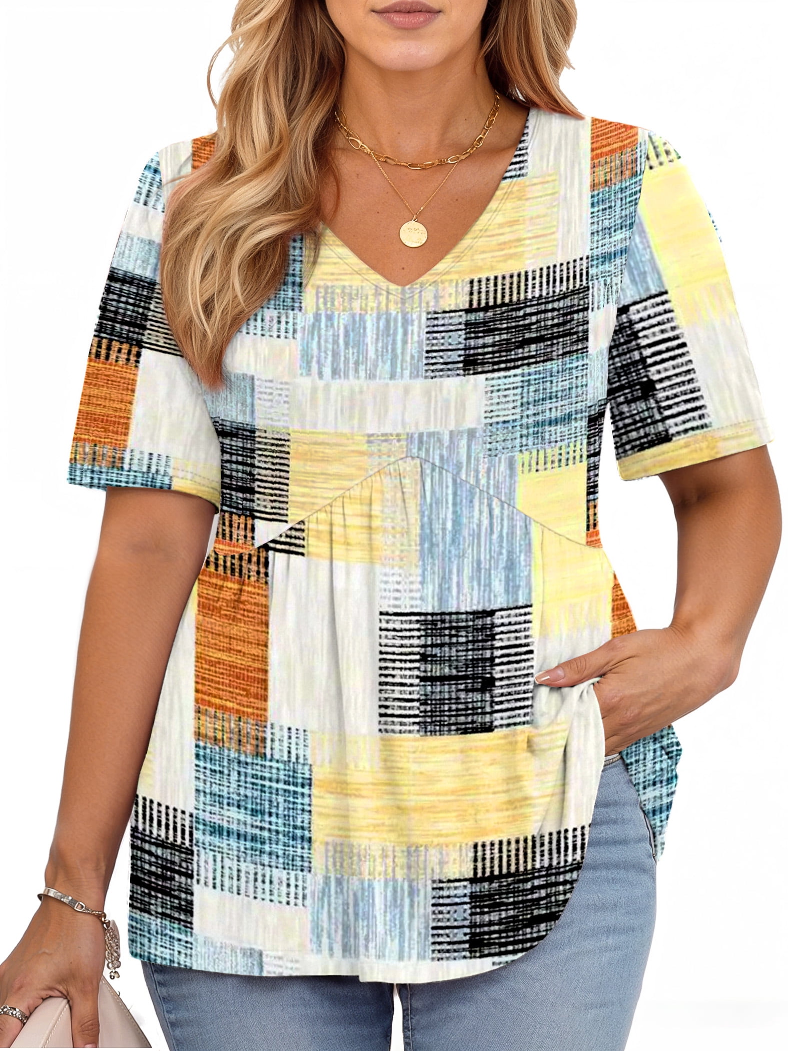 WellSize Plus Size Women Tops Casual V Neck Blouses Summer Short Sleeve ...