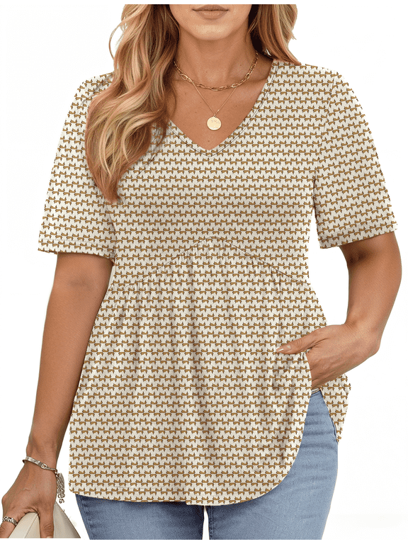 Plus Size Women Tops Casual V Neck Blouses Summer Short Sleeve Shirts Floral Tunic Tops