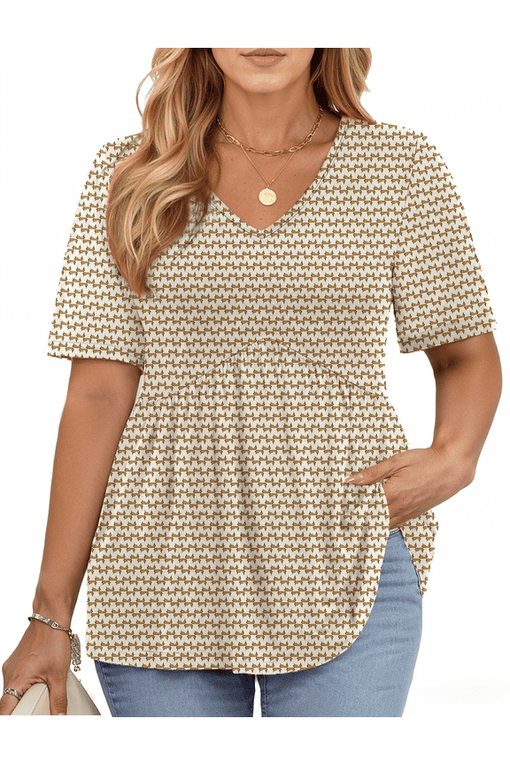 Plus Size Women Tunic Tops Casual V Neck Blouses Summer Short Sleeve Shirts Loose Floral Tops