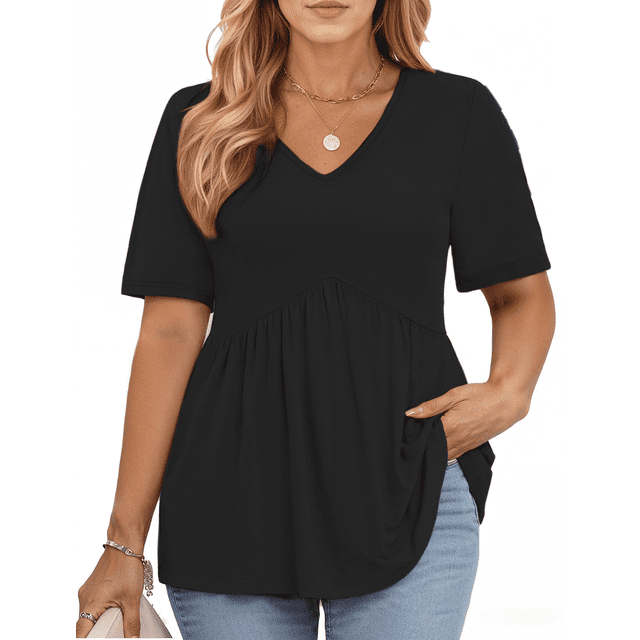 WellSize Plus Size Women Tops Casual V Neck Blouses Summer Short Sleeve Shirts Floral Tunic Tops