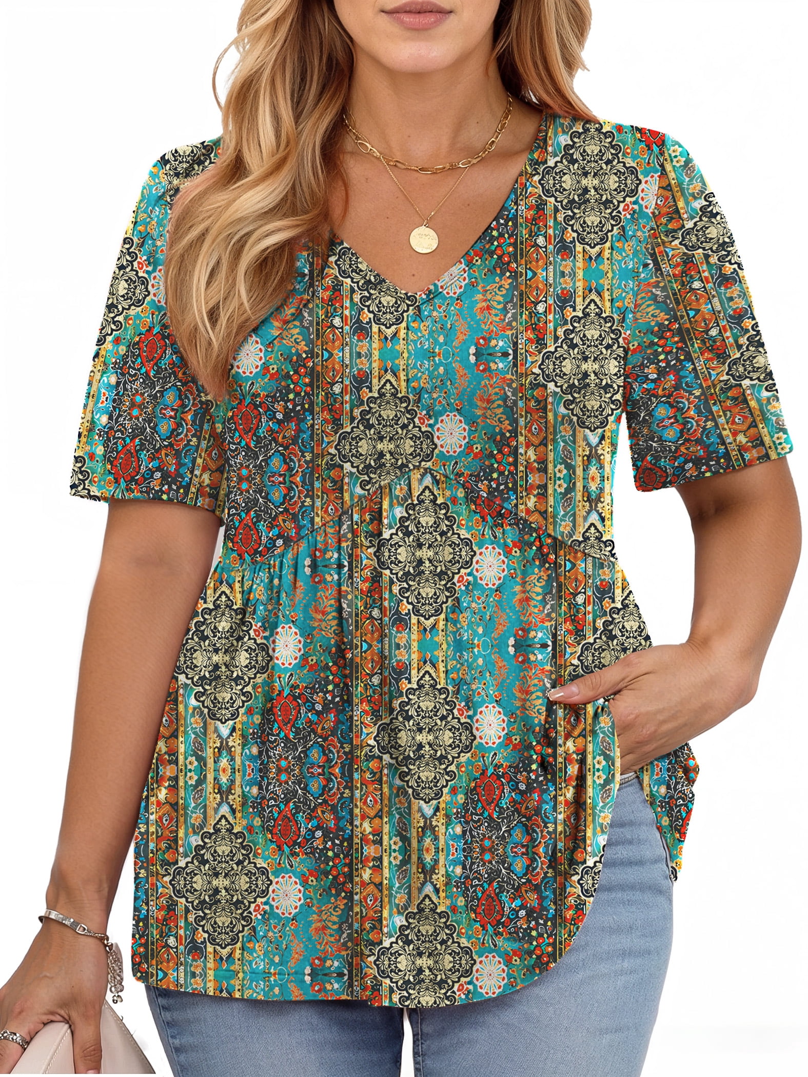 WellSize Plus Size Women Tops Casual V Neck Blouses Summer Short Sleeve ...