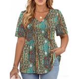 WellSize Plus Size Women Tops Casual V Neck Blouses Summer Short Sleeve ...