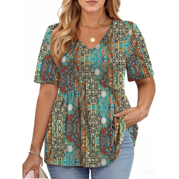 WellSize Plus Size Women Tunic Tops Casual V Neck Blouses Summer Short Sleeve Shirts Loose Floral Tops