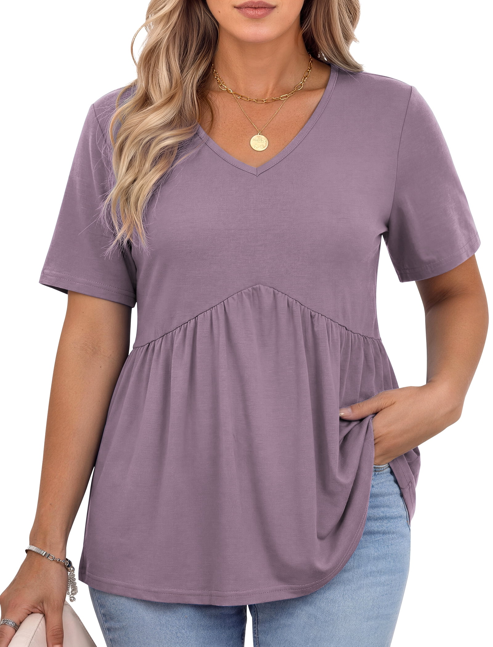 WellSize Plus Size Women Tops Casual V Neck Blouses Summer Short Sleeve ...