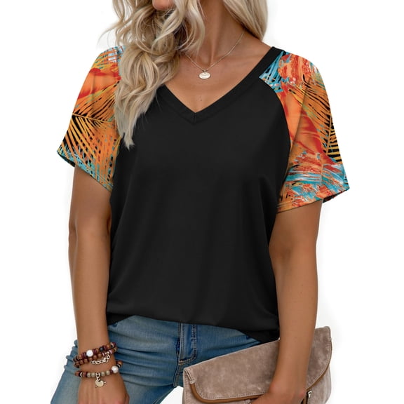 WellSize Plus Size T Shirts for Women Color Block Short Sleeve Summer Tops Casual V Neck Tunic Blouses