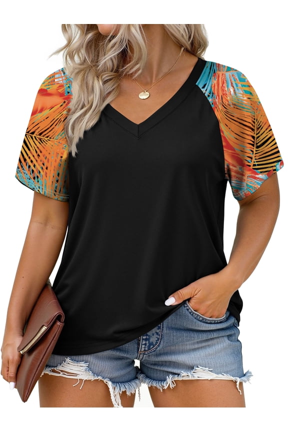 Plus Size T Shirts for Women Color Block Short Sleeve Tunic Tops Casual V Neck Summer Blouses