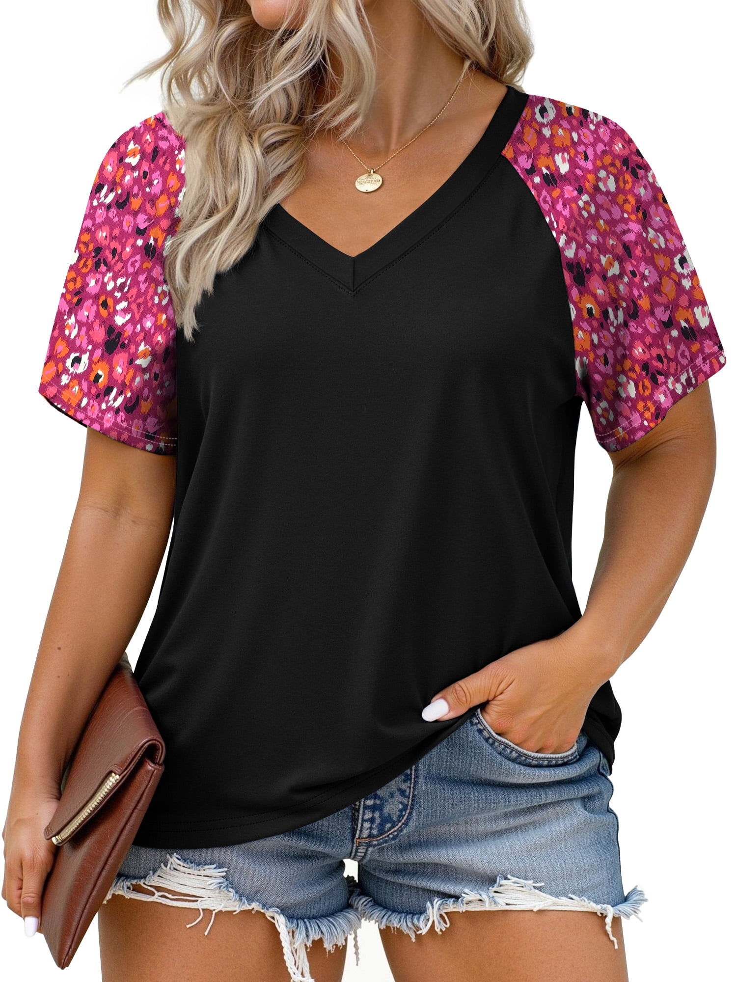 WellSize Plus Size T Shirts for Women Color Block Short Sleeve Tunic ...