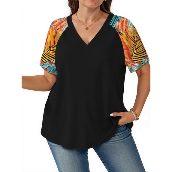 WellSize Plus Size Womens T Shirts Color Block V Neck Tops Casual Summer Short Sleeve Tunic Blouses