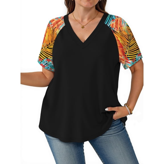 WellSize Plus Size Womens T Shirts Color Block V Neck Tops Casual Summer Short Sleeve Tunic Blouses